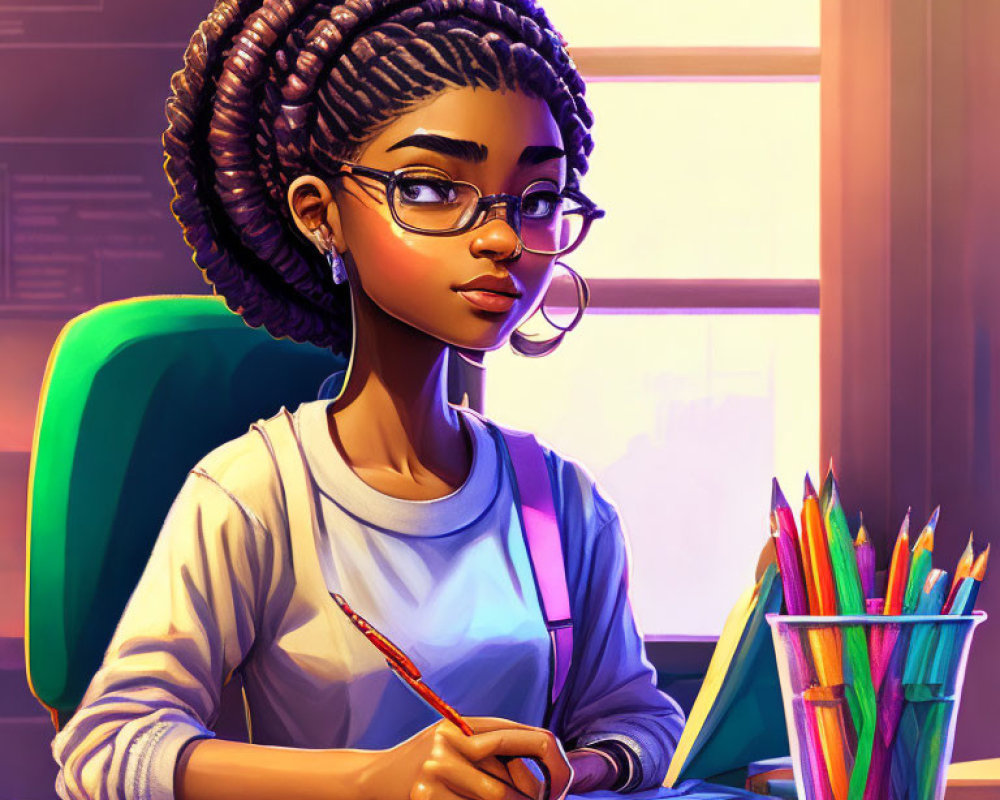 Young woman with braided hair and glasses writing at desk in warmly lit room