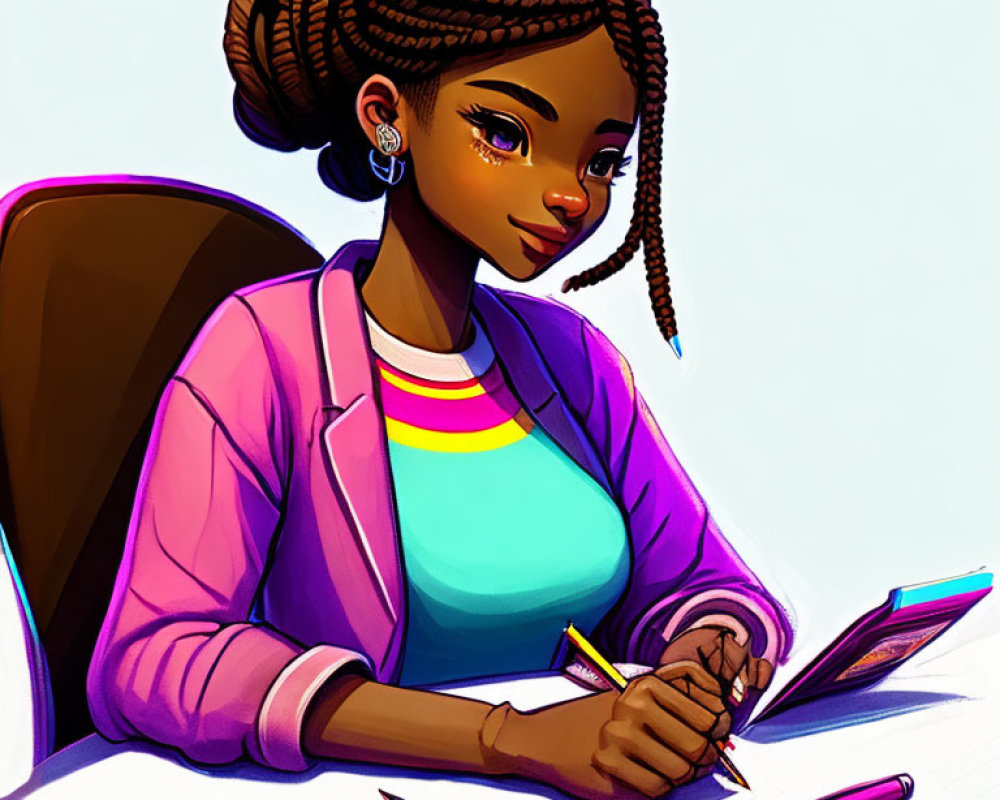 Young woman with braided hair writing at desk with colored pencils, pink jacket.