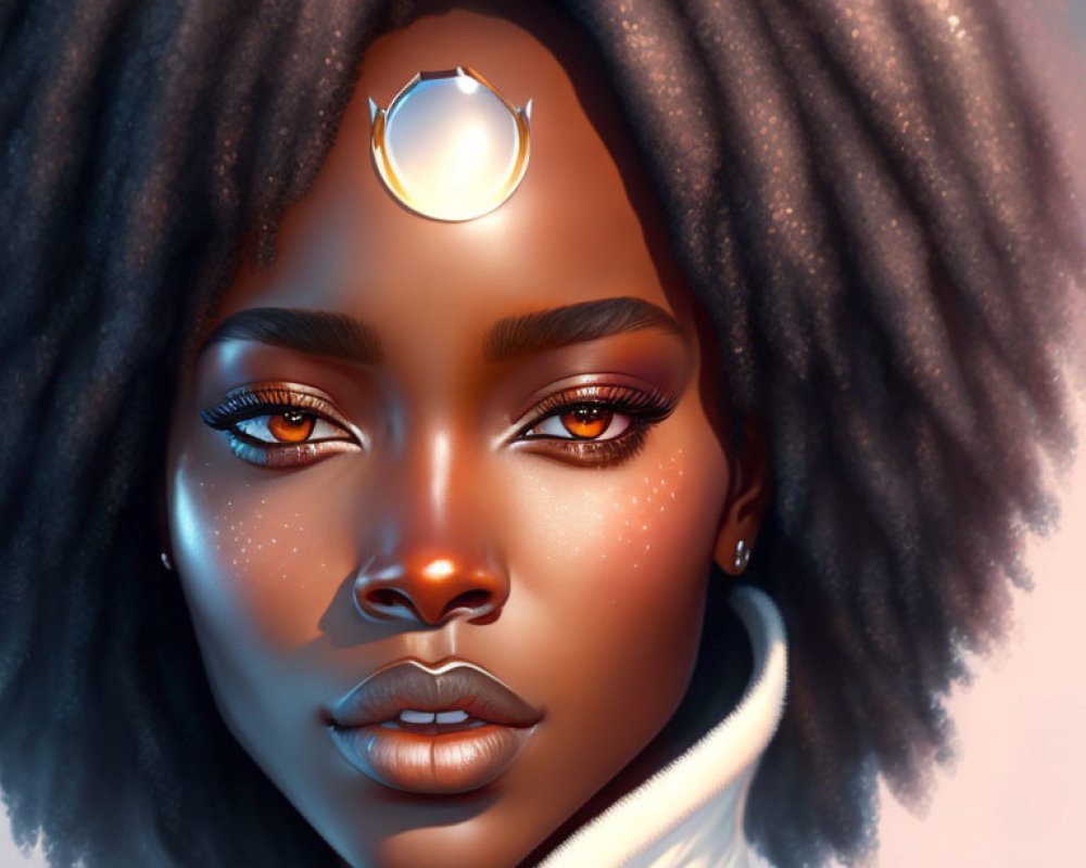 Portrait of woman with dark skin, striking eyes, and moon-shaped forehead jewelry.