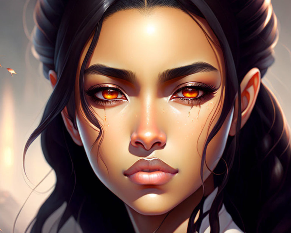 Fantasy character digital art: pointed ears, amber eyes, freckles, dark hair.