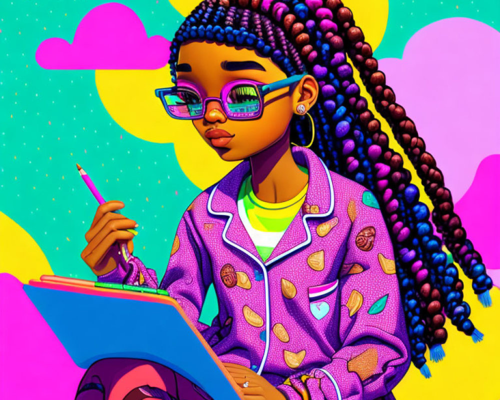 Colorful illustration: girl with braided hair, glasses, writing in notebook, against vibrant background.