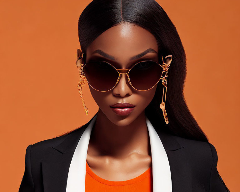 Stylish woman in sunglasses, black blazer, orange top on orange backdrop