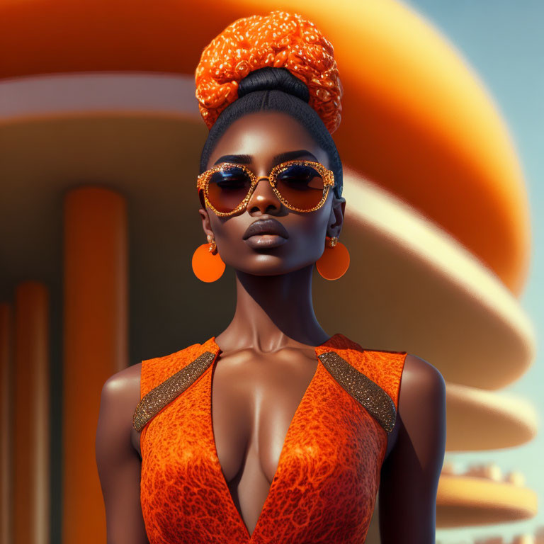 3D illustration of woman with high orange bun, sunglasses, earrings, textured dress on abstract orange backdrop