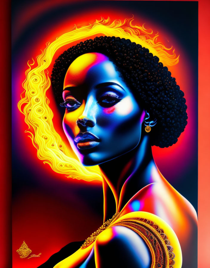 Colorful digital artwork of woman with golden hair, blue skin, and red-orange backdrop.