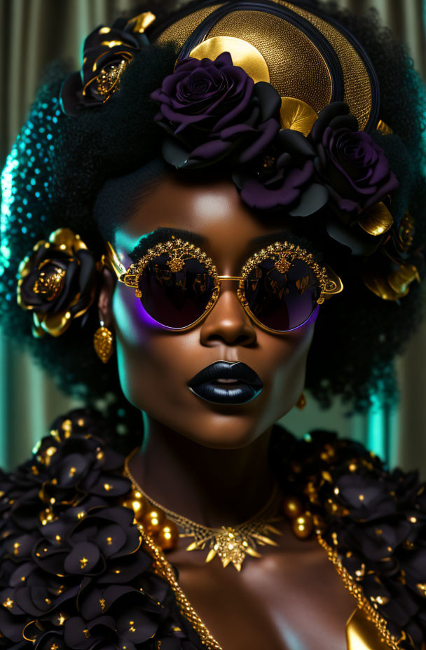 Dark-skinned woman in gold jewelry, sunglasses, black attire with gold accents, and dark roses.