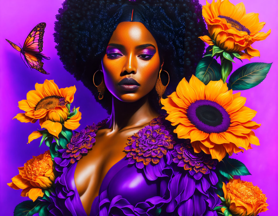 Woman with striking makeup and afro surrounded by sunflowers, purple flowers, and butterfly on vibrant purple