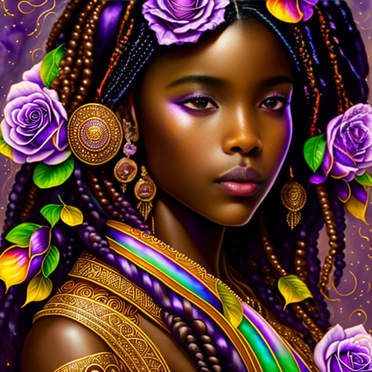 Digital Artwork: Woman with Braided Hair and Purple Flower Adornments