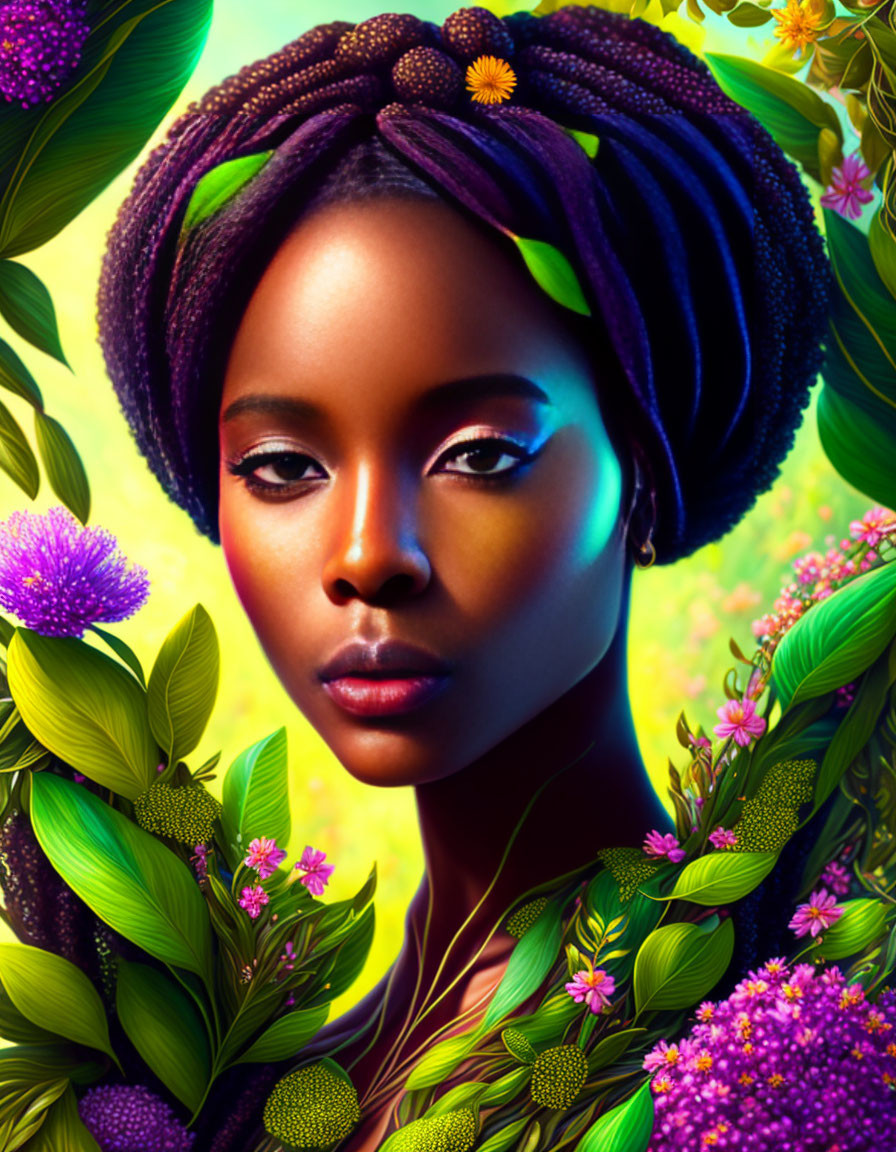 Vibrant digital portrait of a woman with purple braids and striking eyes surrounded by tropical foliage