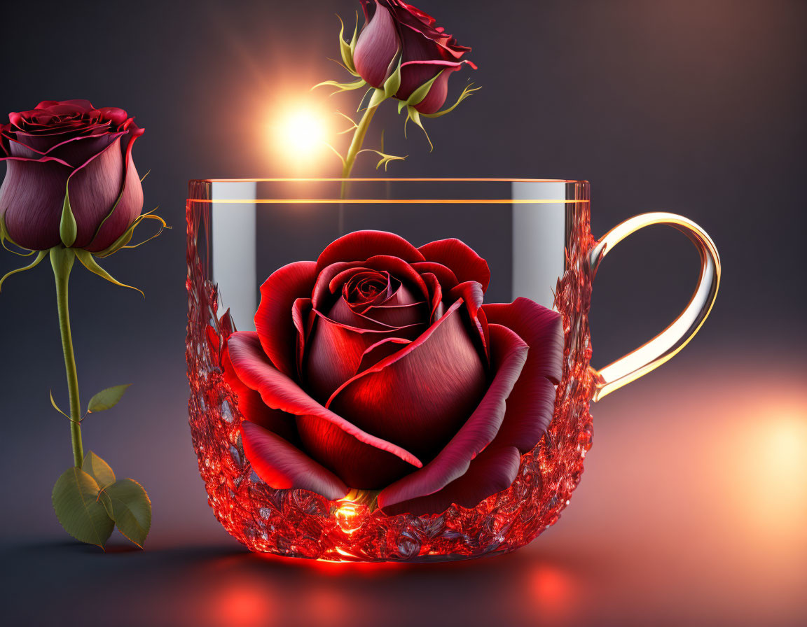 Transparent Cup with Golden Rim, Red Rose, and Crystals on Dark Background