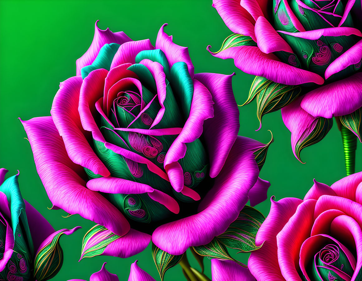 Surreal digital artwork: vibrant purple and green roses on green background