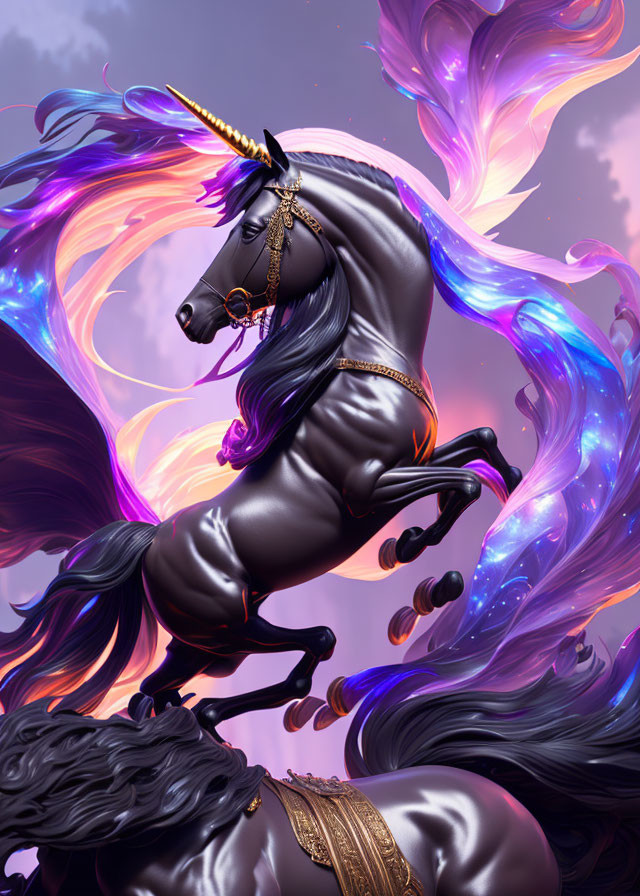 Black unicorn with golden horn in swirling ethereal flames under violet sky