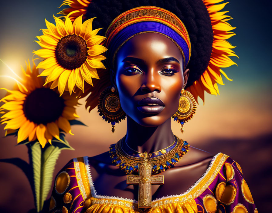 Digital Art Portrait of Woman with Sunflowers and African-Inspired Attire