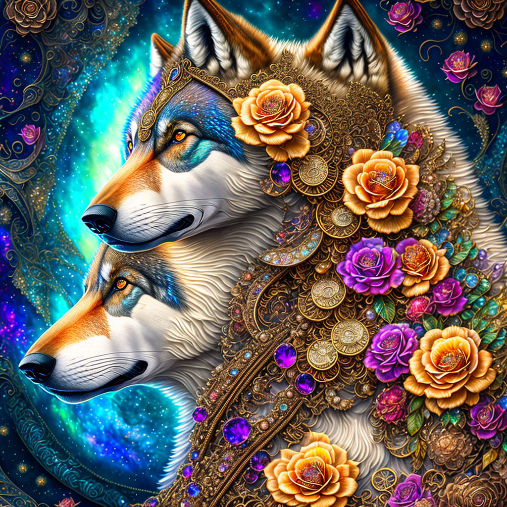 Illustration of two wolves with golden details and flowers on galaxy backdrop