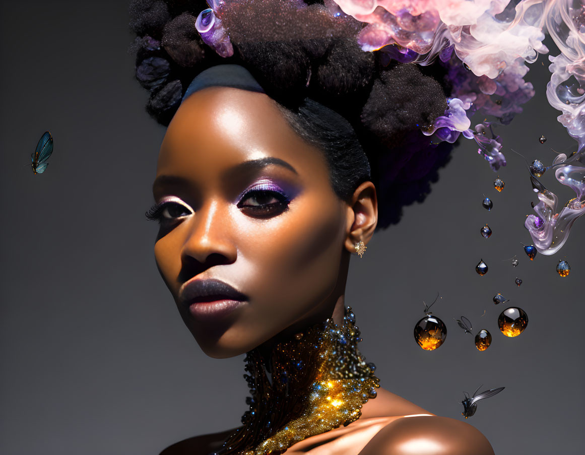 Portrait of woman with striking makeup, ornate hairpiece, butterflies, and sparkles on dark background