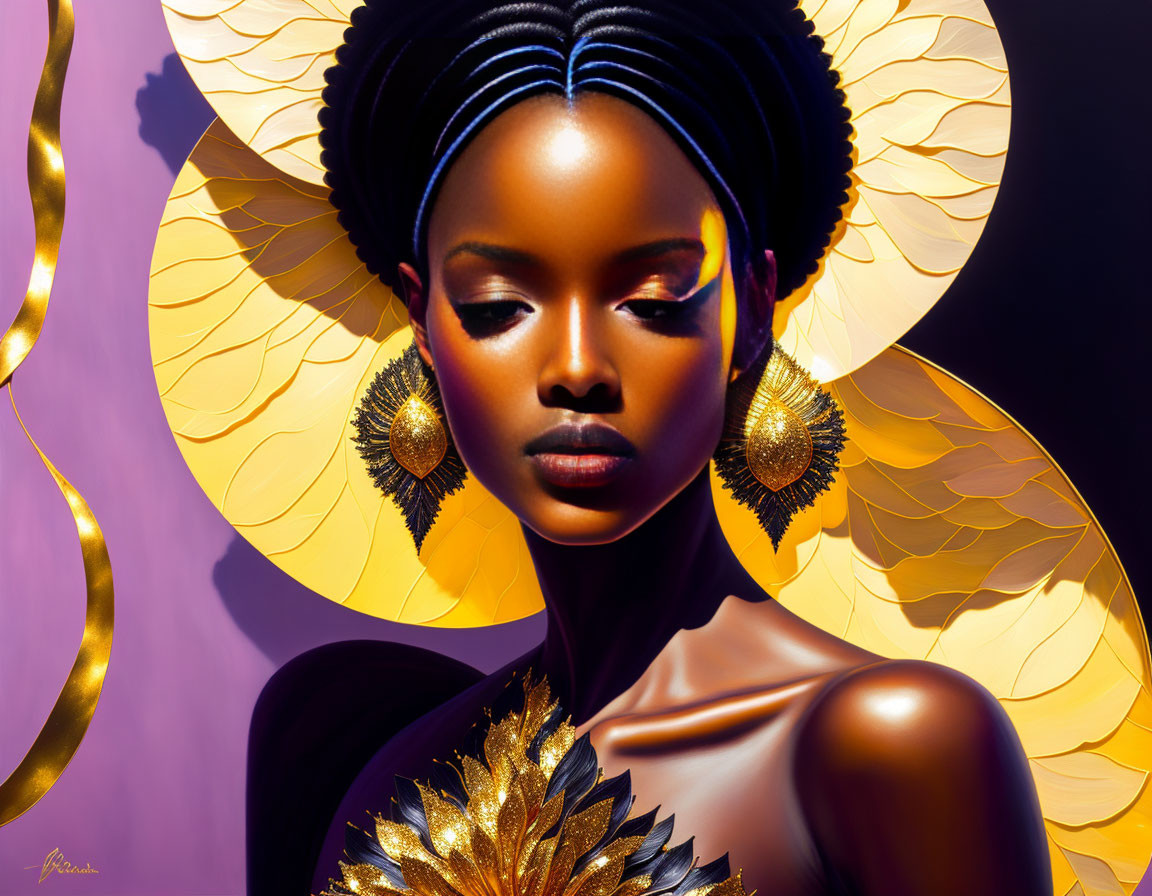 Illustration of woman with stylized hair and golden accessories on purple background.