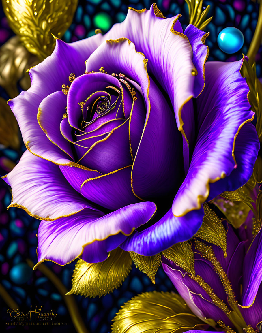 Vibrant purple rose with golden edges on dark background