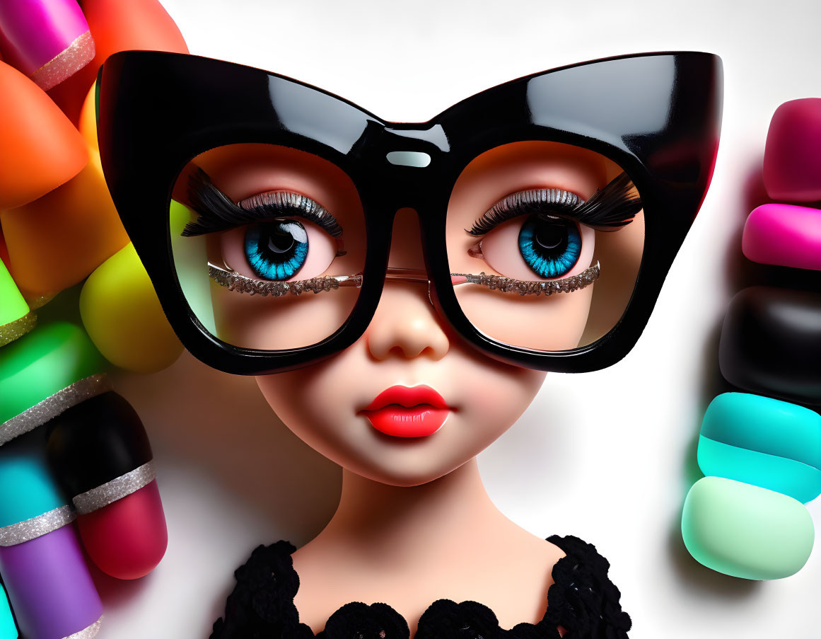 Doll's Face with Black Sunglasses and Crayons