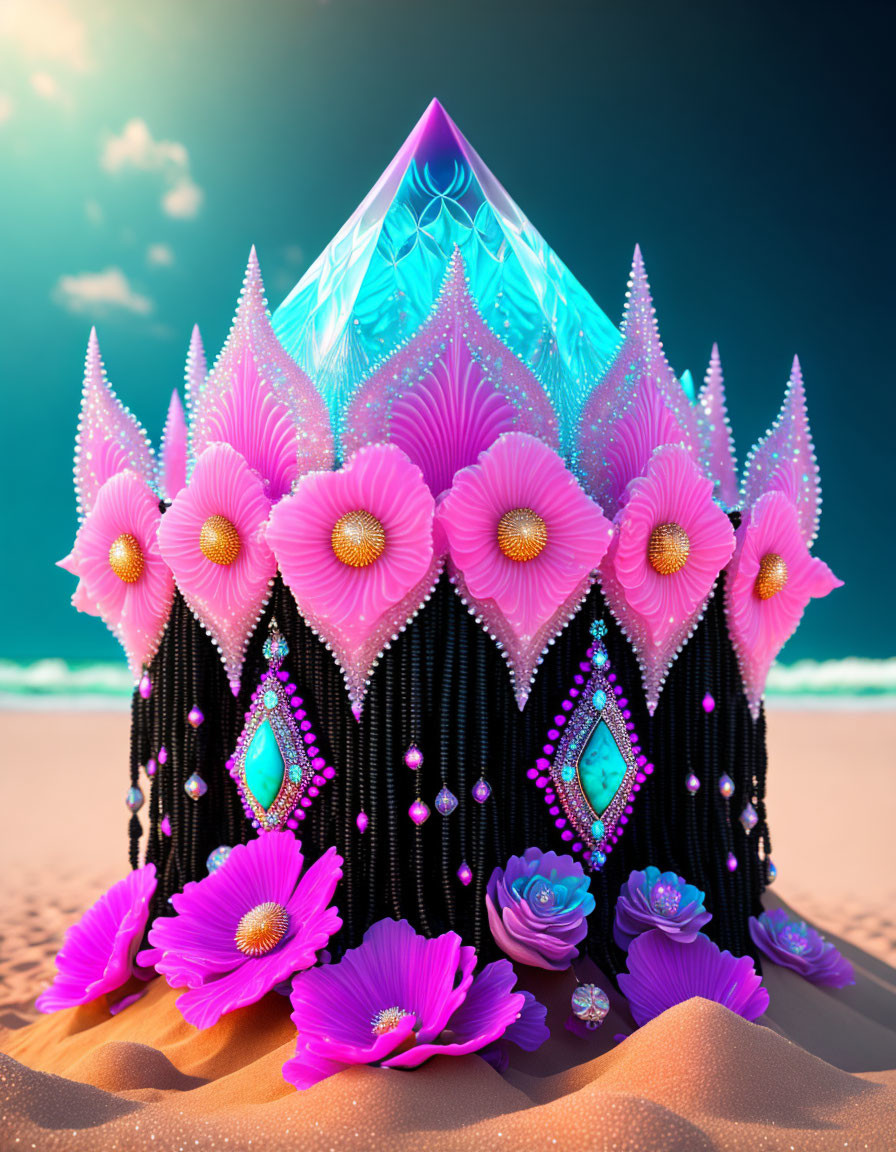 Colorful Fantasy Crown with Pink Flowers and Blue Gemstones on Beach Background