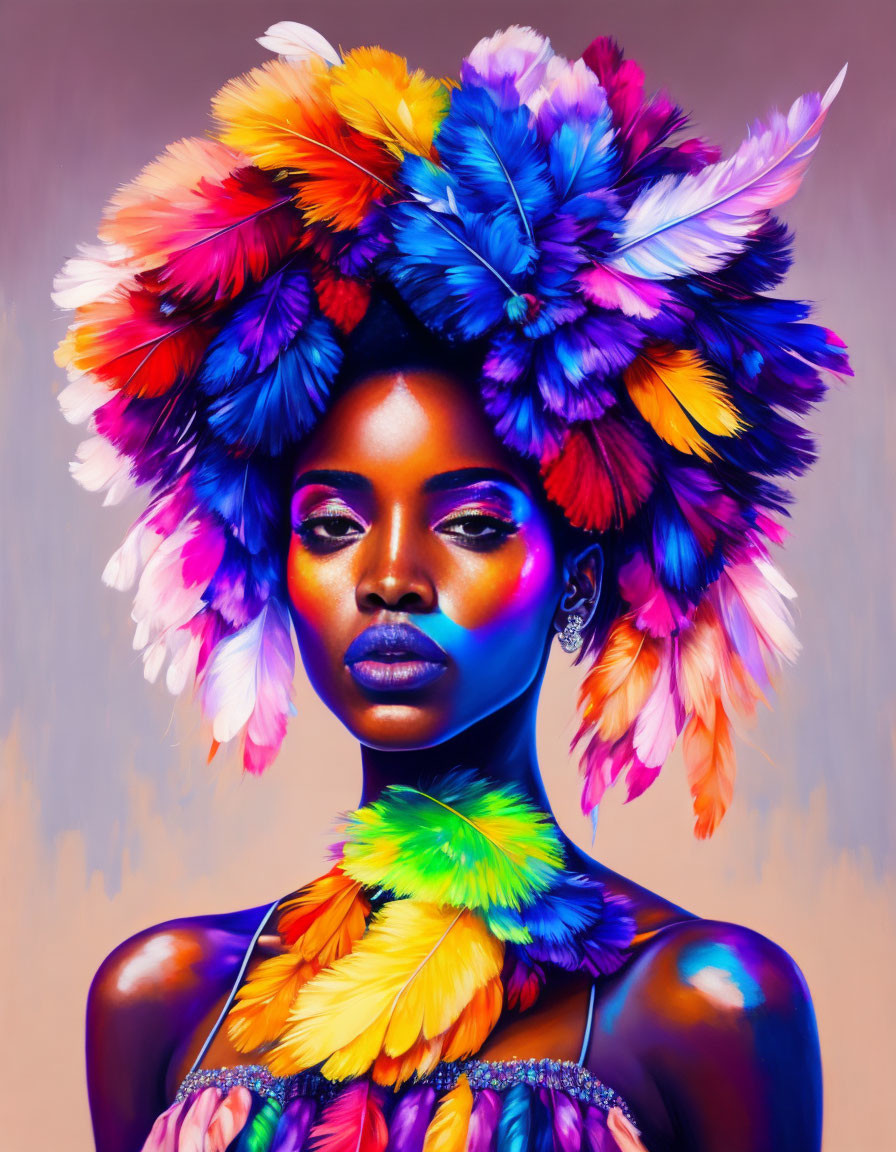 Colorful feathered woman portrait against warm background