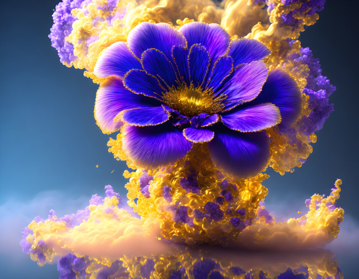 Colorful Flower Blooming in Golden-Yellow Smoke on Blue Background