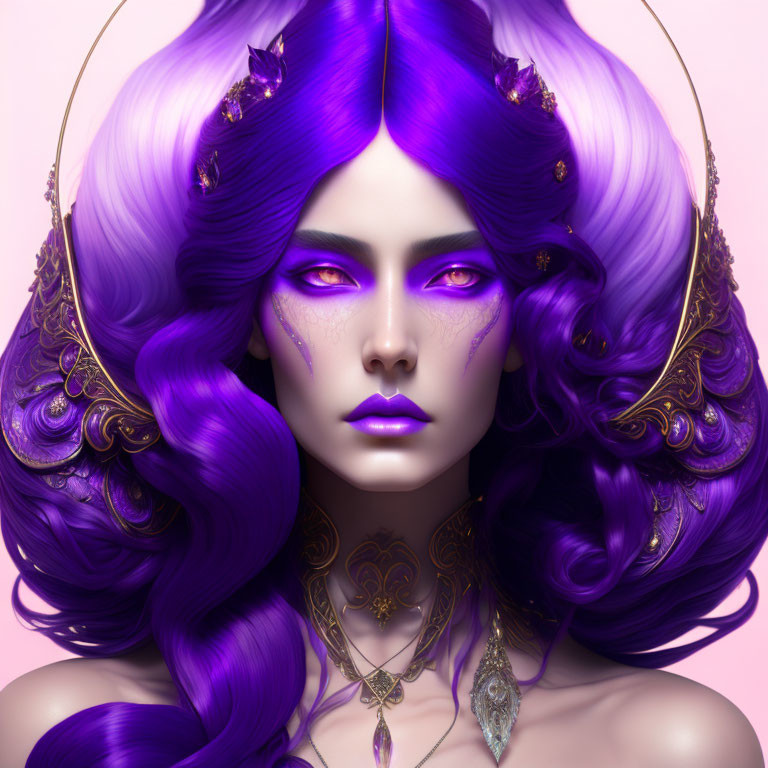 Digital Artwork: Woman with Purple Skin, Curly Hair, Jewels, and Mystical Aura