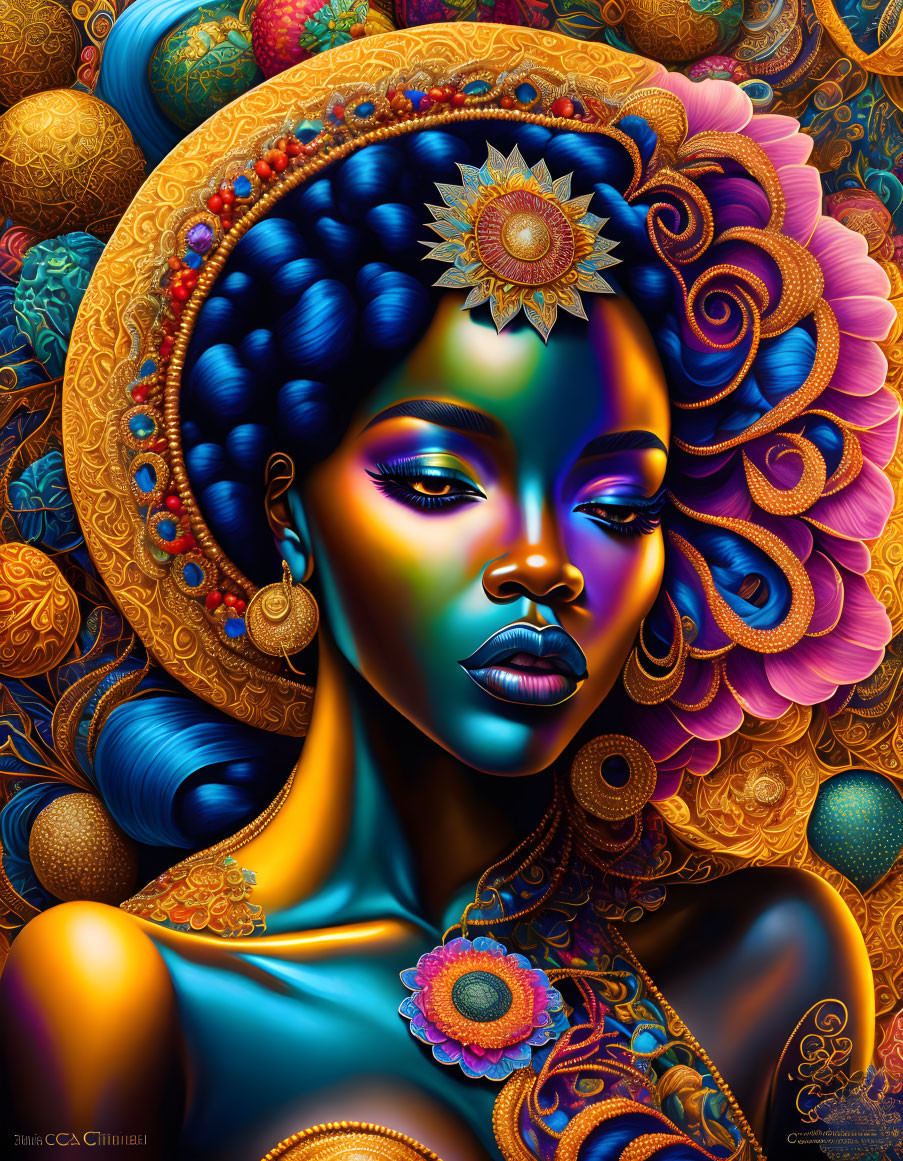 Colorful digital portrait of woman with blue skin and ornate headdress