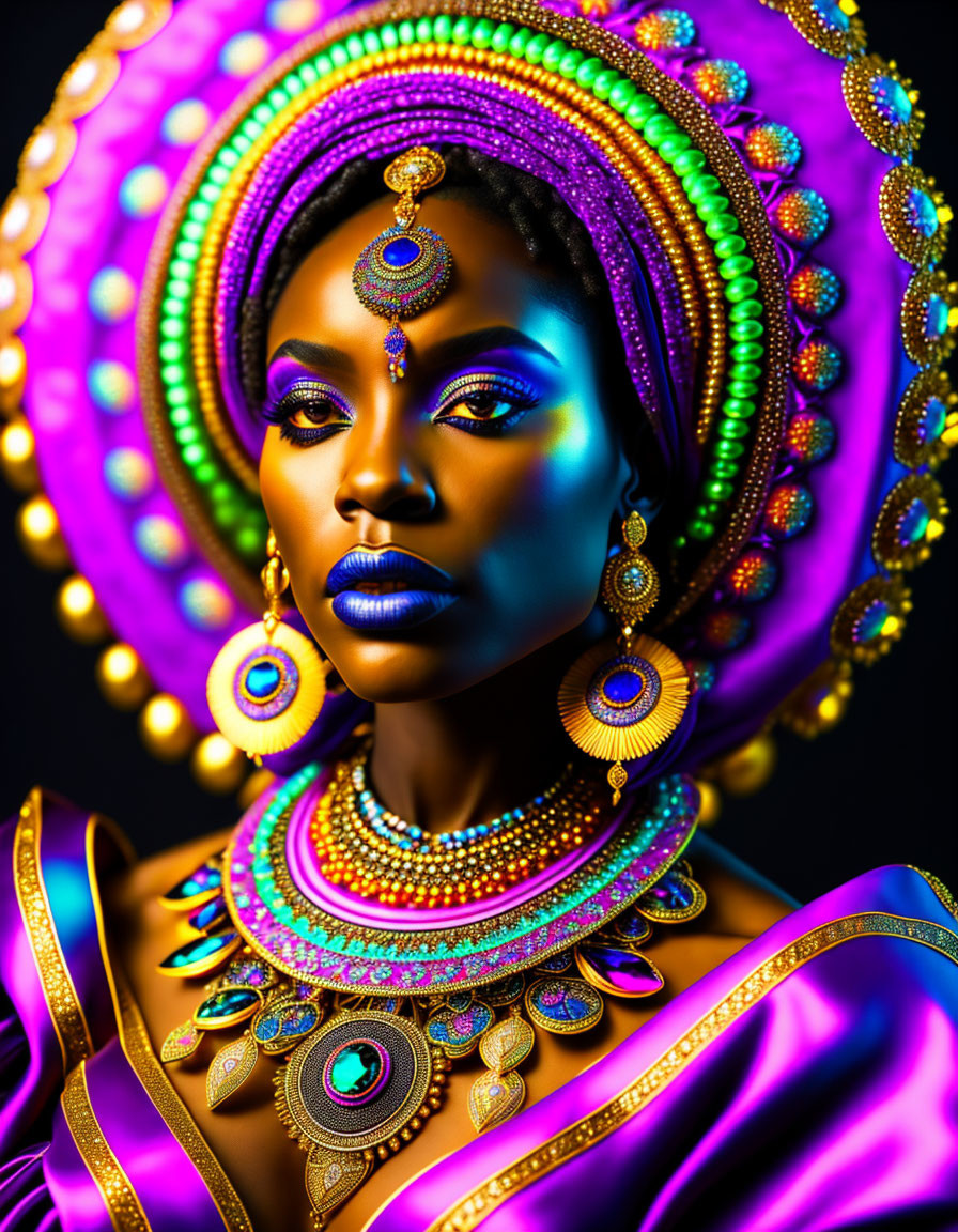 Colorful portrait of woman with elaborate headgear and jewelry in dramatic lighting