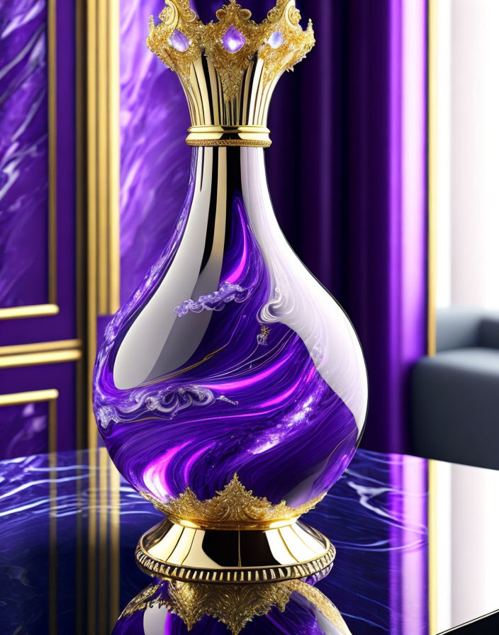 Purple and White Swirl Perfume Bottle with Gold Accents on Reflective Surface