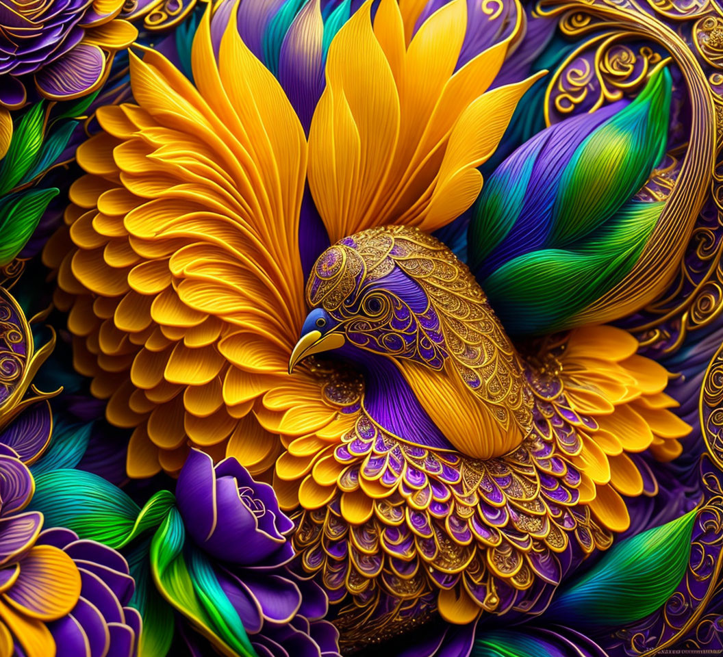 Colorful digital artwork featuring stylized bird with golden patterns