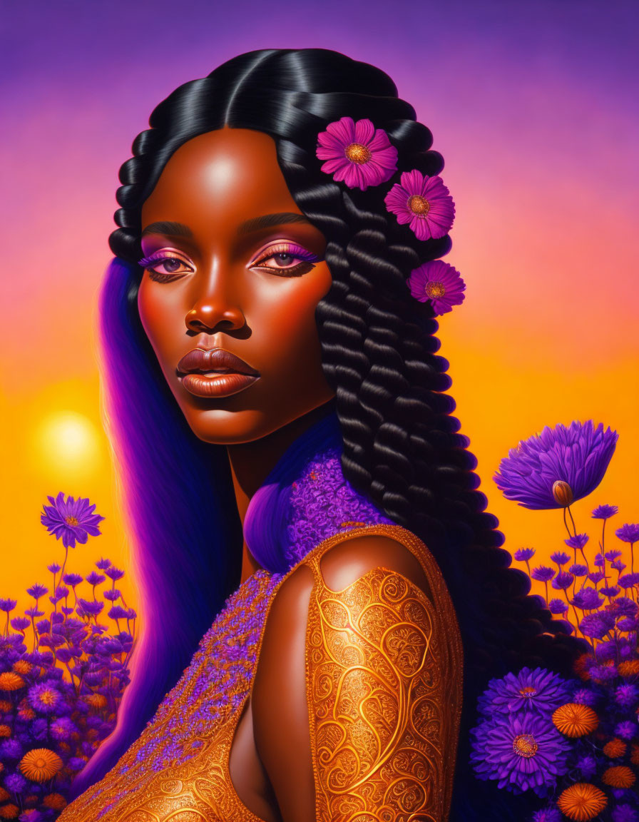 Digital portrait of woman with braided hair and purple flowers on vibrant backdrop.