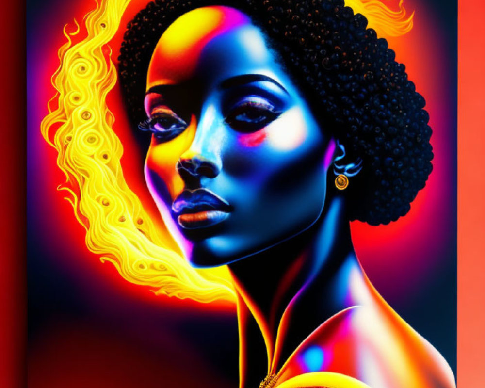 Colorful digital artwork of woman with golden hair, blue skin, and red-orange backdrop.