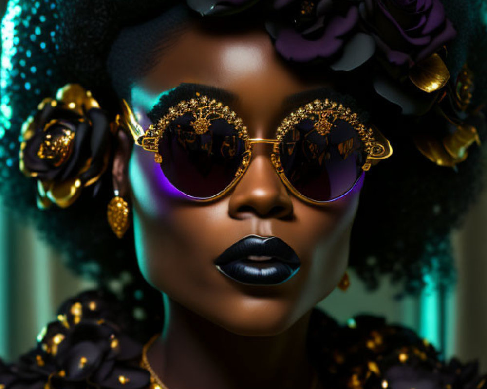 Dark-skinned woman in gold jewelry, sunglasses, black attire with gold accents, and dark roses.