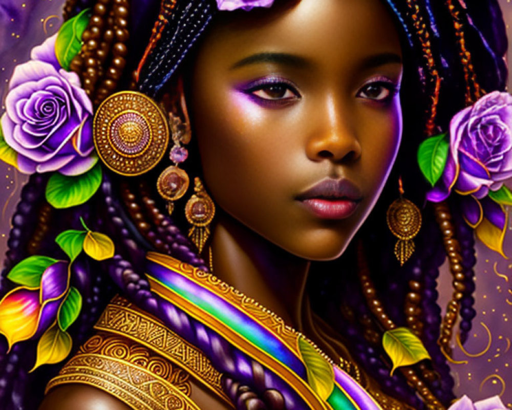 Digital Artwork: Woman with Braided Hair and Purple Flower Adornments