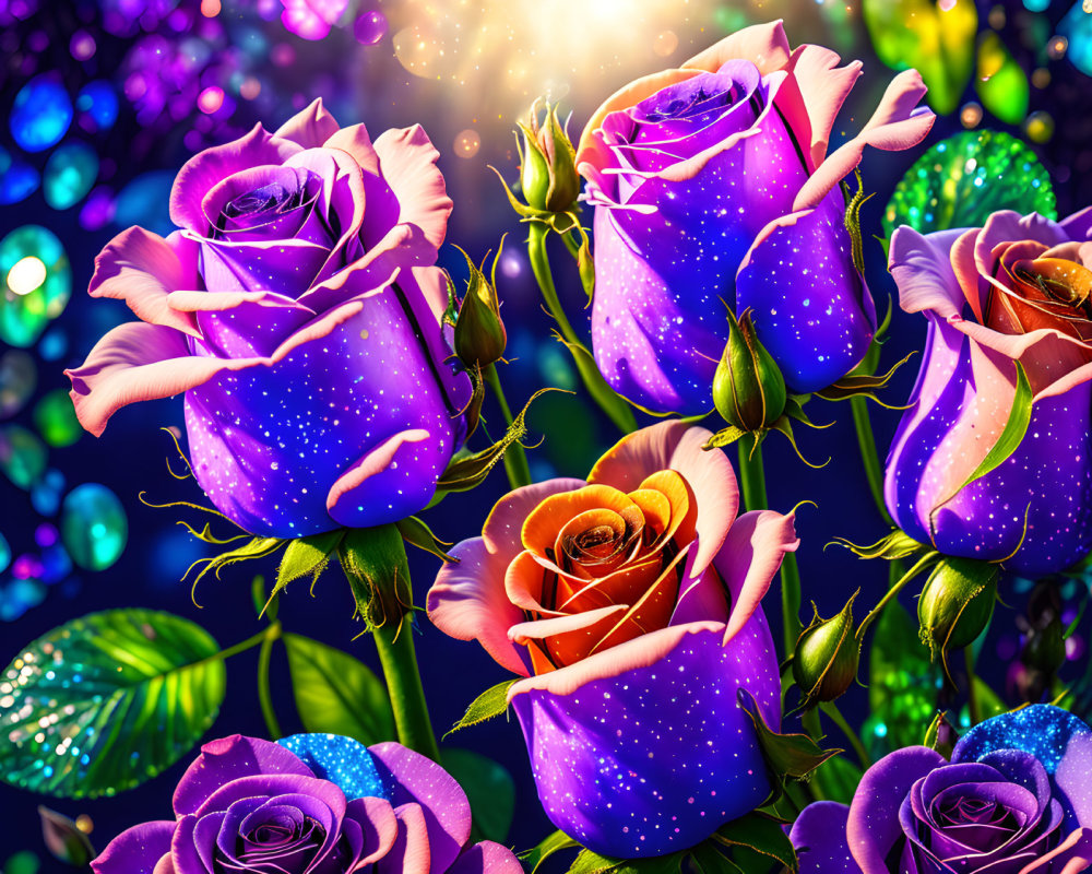 Colorful digital artwork featuring cosmic roses on bokeh background