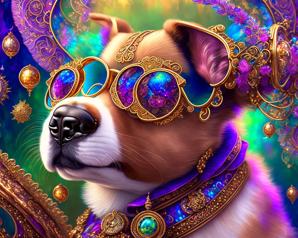 Stylized dog illustration with golden glasses and jewelry on vibrant background