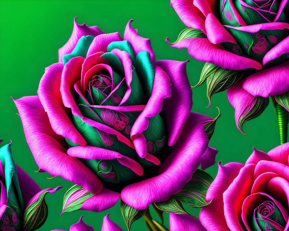 Surreal digital artwork: vibrant purple and green roses on green background