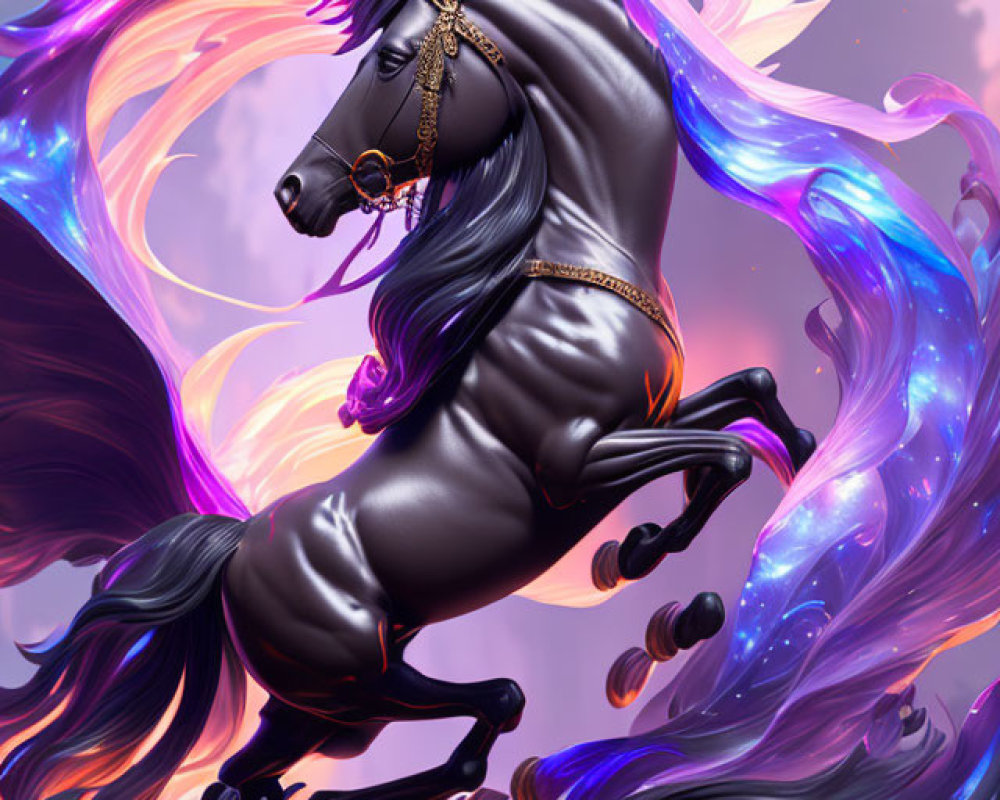 Black unicorn with golden horn in swirling ethereal flames under violet sky