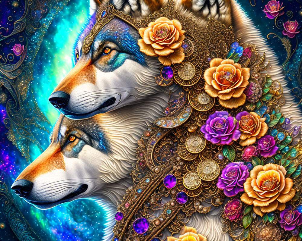 Illustration of two wolves with golden details and flowers on galaxy backdrop