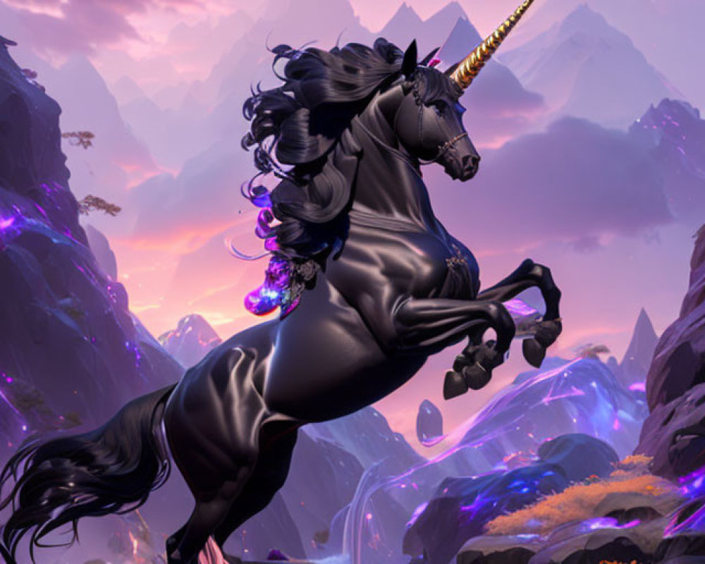 Majestic black unicorn with golden horn in fantasy landscape