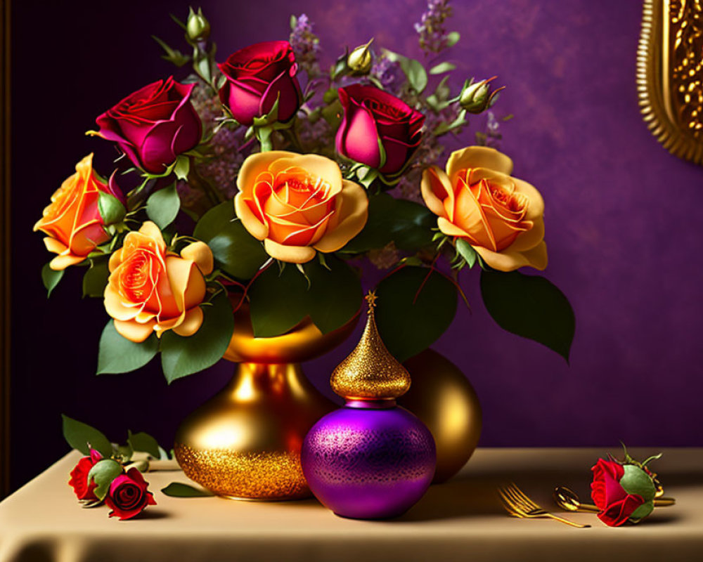 Vivid Orange and Red Roses in Golden Vase with Purple Bauble on Purple Backdrop