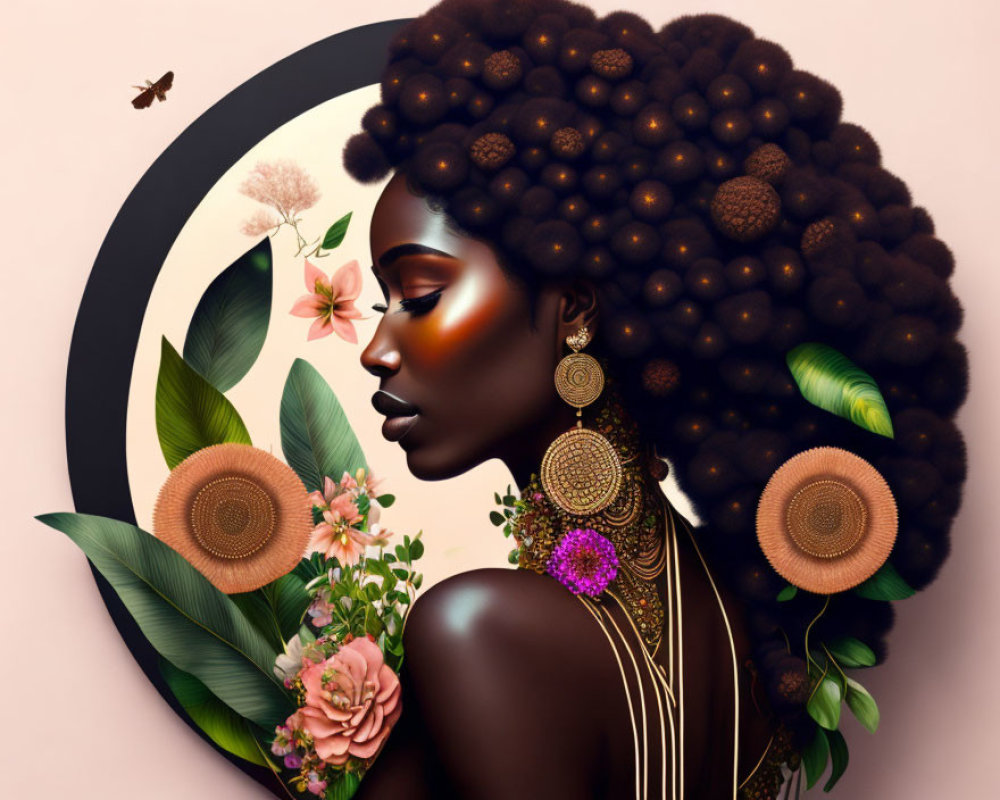 Woman with Elaborate Afro Hair and Floral Decorations on Moon Background