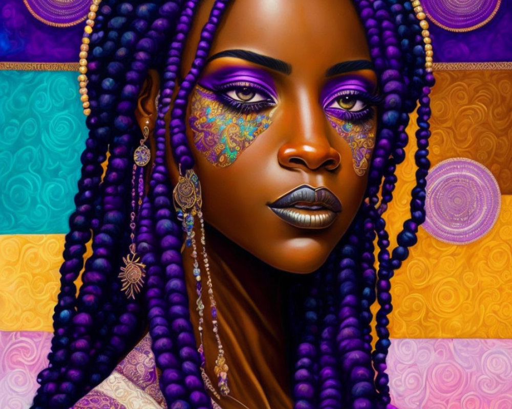 Colorful portrait of woman with purple braids and vibrant makeup against ornate background