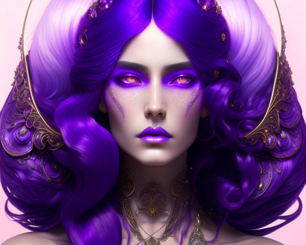 Digital Artwork: Woman with Purple Skin, Curly Hair, Jewels, and Mystical Aura