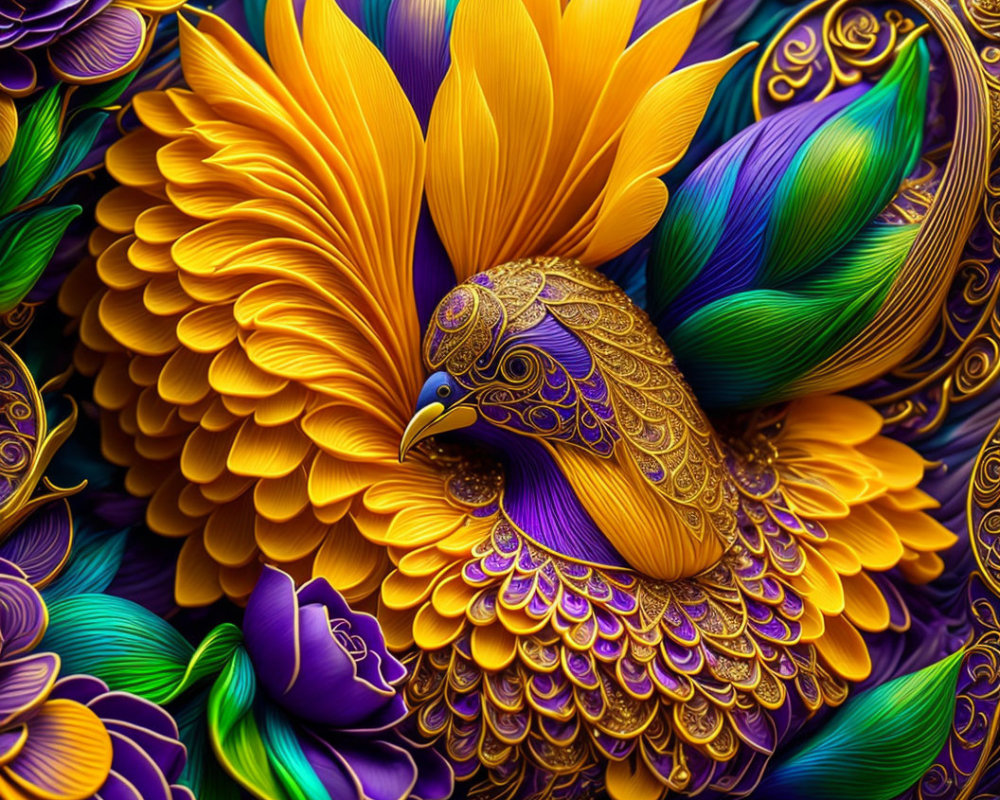 Colorful digital artwork featuring stylized bird with golden patterns