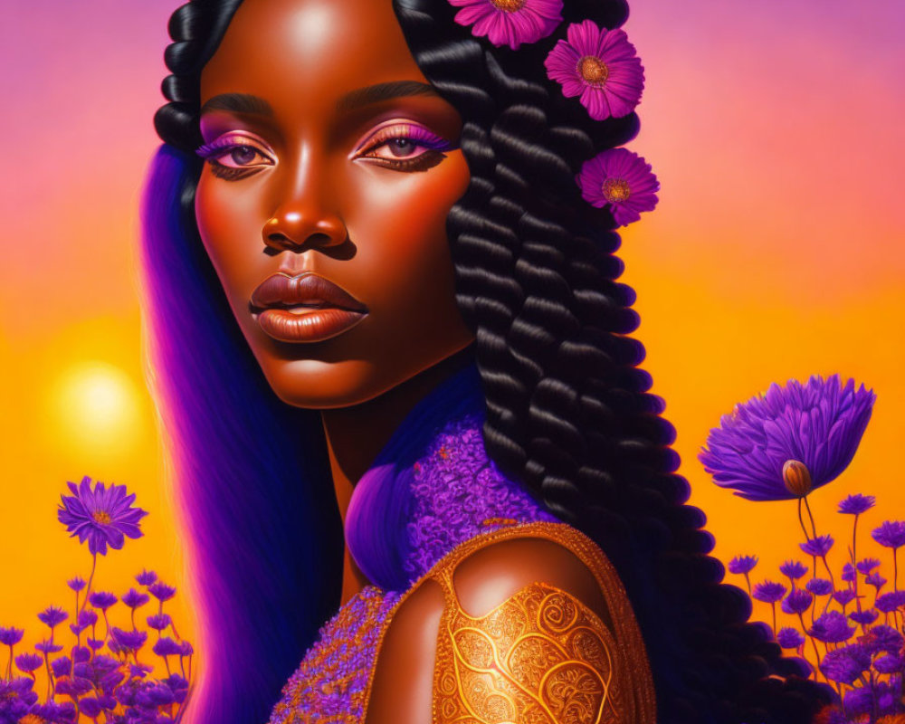 Digital portrait of woman with braided hair and purple flowers on vibrant backdrop.