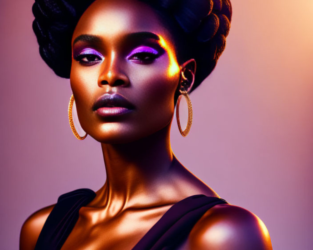 Elaborate updo hairstyle and hoop earrings on woman in dark dress under purple and orange lighting