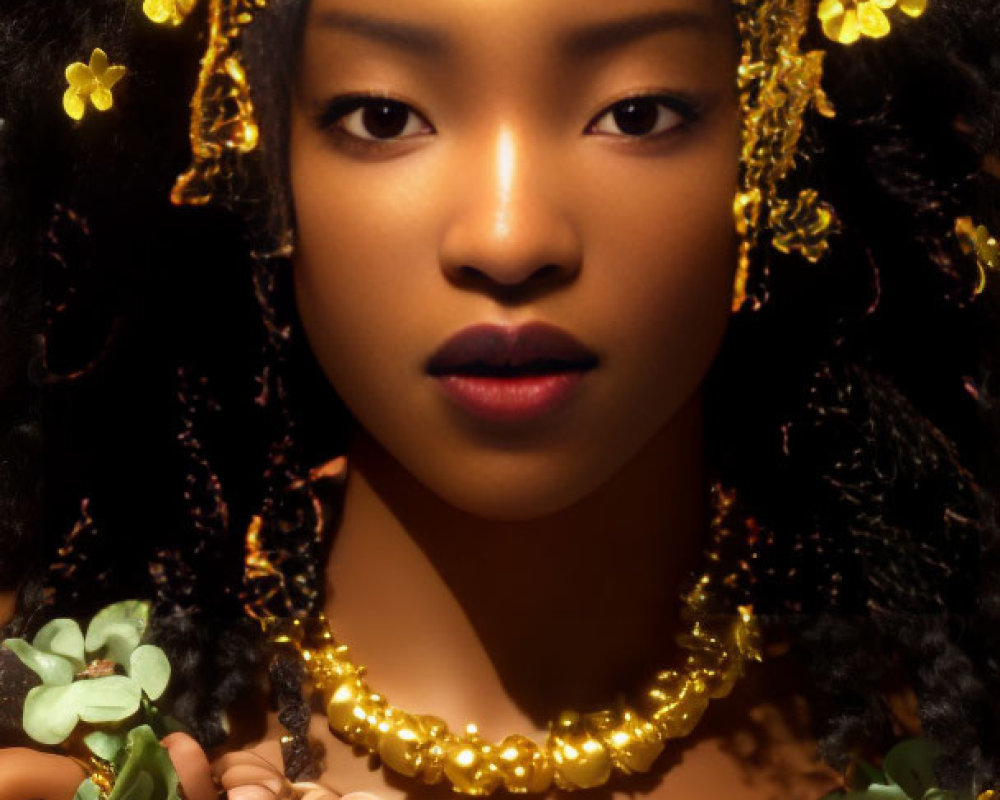 Portrait of Woman with Golden Jewelry and Flower Adorned Hair on Dark Background