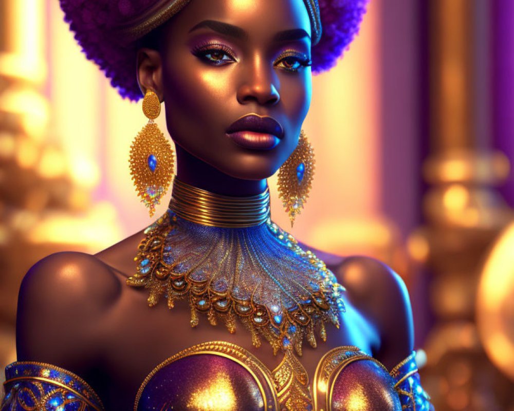 Digital artwork of dark-skinned woman in golden armor against purple backdrop