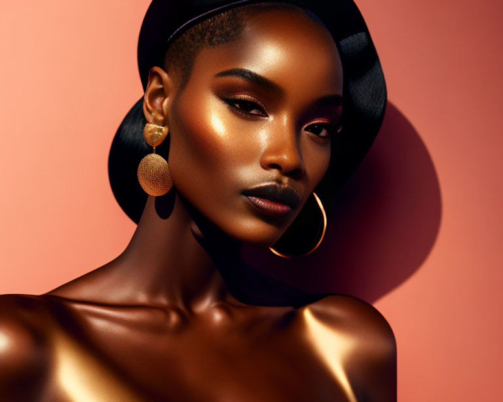 Flawless-skinned person in black beret and hoop earrings on warm backdrop