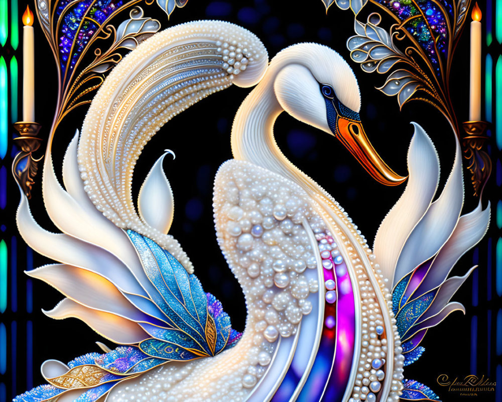 Elegant swan illustration with ornate feathers and jewel tones